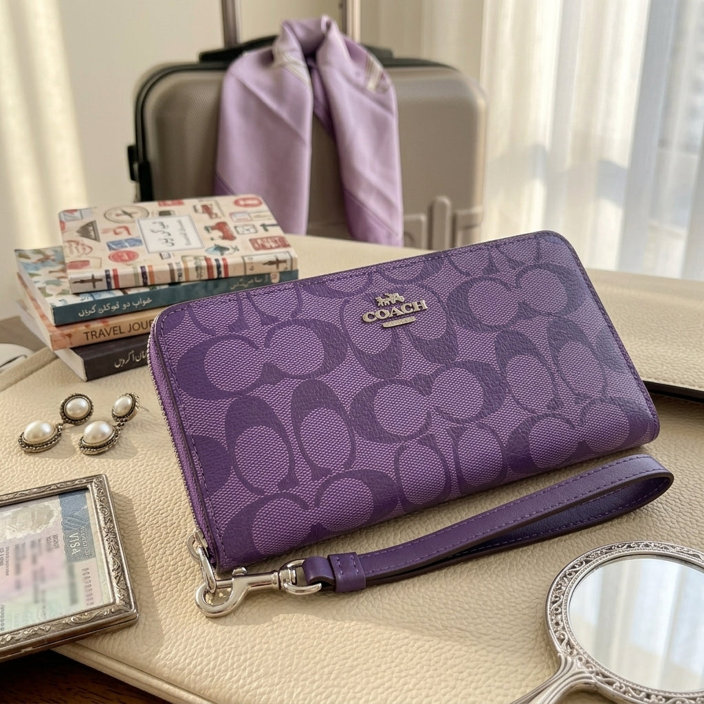 Coach C4452 Long Zip Around Wallet Purple Signature Canvas Wristlet
