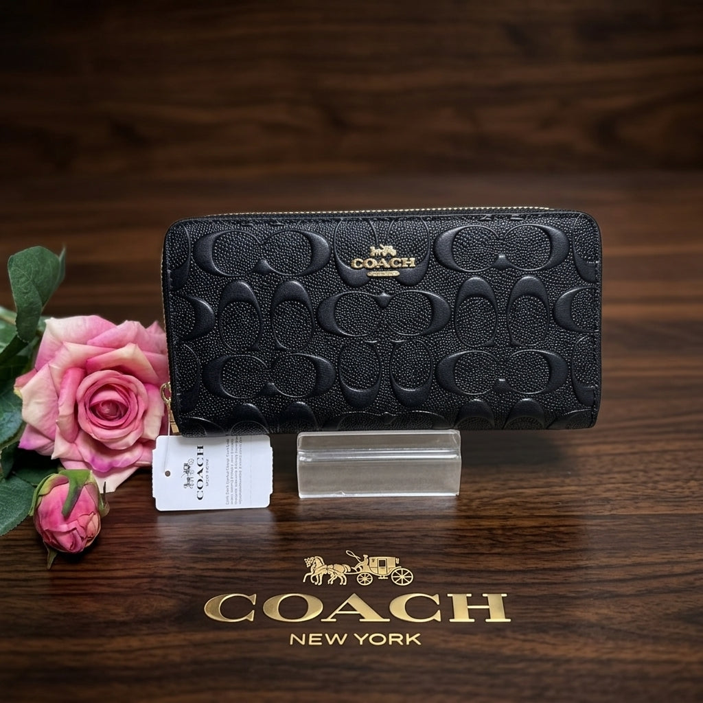 Coach CEW21 Long Zip Around Wallet – Signature Leather Gold/Black