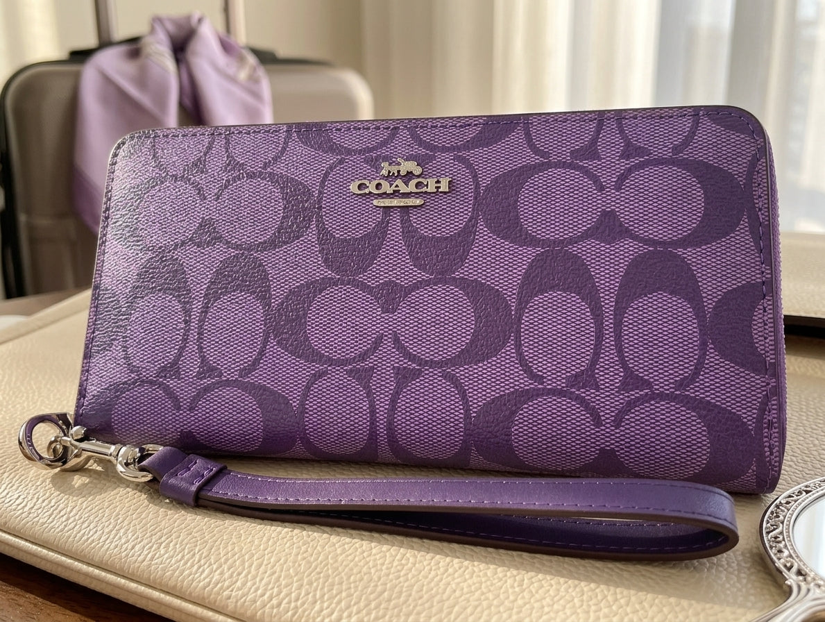 Coach C4452 Long Zip Around Wallet Purple Signature Canvas Wristlet