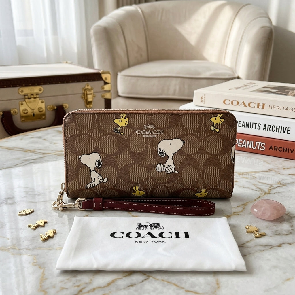 Coach x Peanuts CE705 Long Zip Wallet – Snoopy & Woodstock Khaki