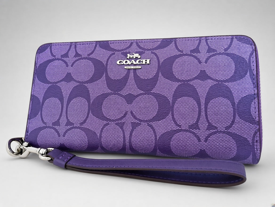 Coach C4452 Long Zip Around Wallet Purple Signature Canvas Wristlet